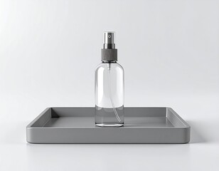Spray bottle on grey tray; clean, minimal
