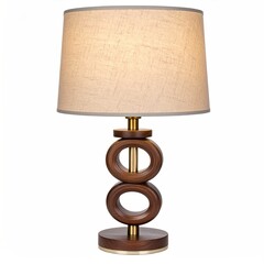 Illuminated beige lamp with stacked, ringed wood base