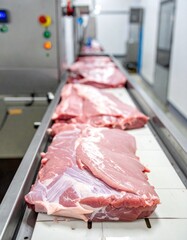 Food production facility for packaged meat items on a conveyor