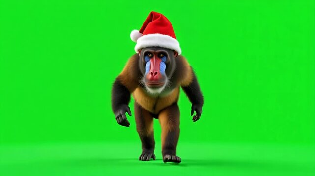 Funny Santa Mandrill Walkcycle on Green Screen Background for Christmas Holiday Promotions and Animated Greetings, Festive and Playful 4K Video