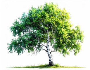 Birch tree green leaves and white bark on white ground