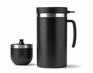 Matte black, insulated mug with handle and small jar-like lid