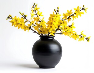 Bright yellow forsythia sprays in dark, round pottery vase