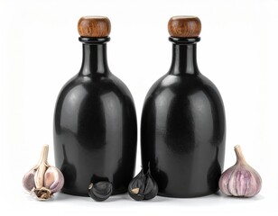 Black bottles with garlic bulbs, dark and light