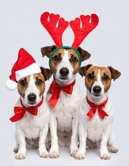three dogs pet celebrating christmas wearing a reindeer antlers diadem, santa hat and red ribbon