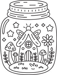 Fairy House in Jar Coloring Page – Cute Mushroom Cottage with Stars and Flowers