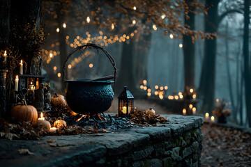 Mystical Autumn Forest Scene with Cauldron and Lanterns for Halloween Poster Design