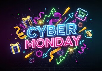 Photo of cyber monday celebration with confetti, gifts, and vibrant graphics, ideal for marketing campaigns and online promotions with a festive and eyecatching design