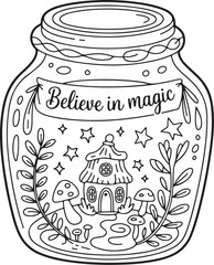 Cozy Cottage and Mushrooms in Fantasy Jar – Line Art Coloring