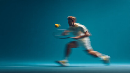 Fototapeta premium Intense tennis player man in dynamic sport action. powerful motion blur shows speed of professional athlete