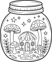 Cozy Cottage and Mushrooms in Fantasy Jar – Line Art Coloring