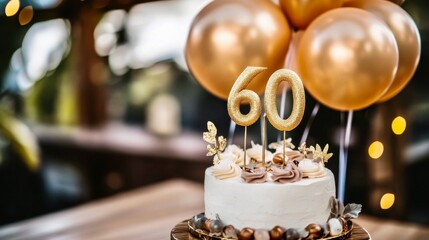 Festive 60th birthday celebration with a delightful cake topped with a golden number and adorned with colorful balloons for a memorable occasion