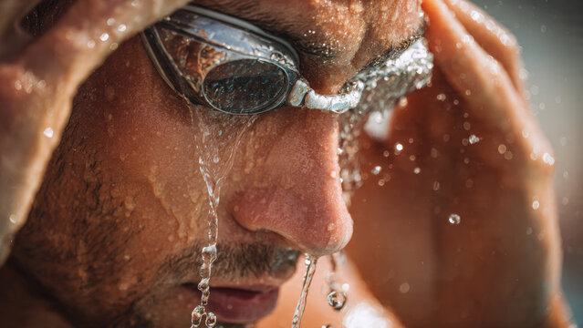 Focused swimmer, an intense man adjusting goggle with water pouring on his face, showing focus and determination
