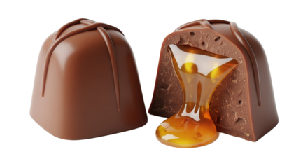 milk chocolates with one piece cut open, golden caramel isolated on transparent