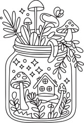 Cozy Cottage and Mushrooms in Fantasy Jar – Line Art Coloring