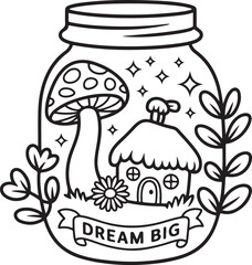 Fantasy Mushroom House in a Jar – Cute Fairyland Illustration