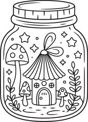 Fantasy Mushroom House in a Jar – Cute Fairyland Illustration