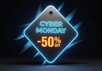 Photo of cyber monday sale promotion with glowing neon light effect offering 50 discount on products and services for a limited time only on dark backdrop