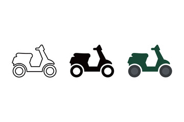 Classic Scooter Motorcycle Icon Set: Flat Vector and Outline Illustration for Urban Commuting and Retro Transport