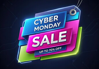 Photo of cyber monday sale promotion with colorful geometric shapes offering up to 70 discount on products and services for a limited time only on dark backdrop