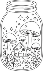 Fantasy Mushroom House in a Jar – Cute Fairyland Illustration