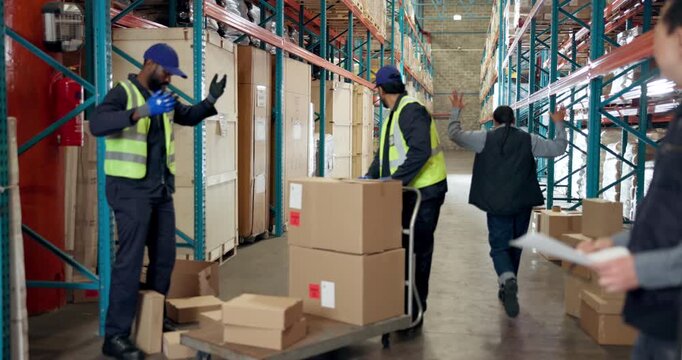 Logistics, team and shouting at employees, factory and angry for distribution delay or supply chain. Kicking, boxes and annoyed with shipment mistake, manager and woman with frustration in warehouse