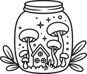 Enchanted Fairy House in Glass Jar – Magical Mushroom Cottage Fantasy Illustration
