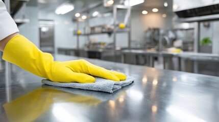 Hand in a yellow glove cleaning a stainless steel counter in a commercial kitchen