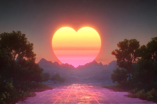 neon grid landscape with glowing heart shaped sun in retro futuristic style creating a vibrant romantic design