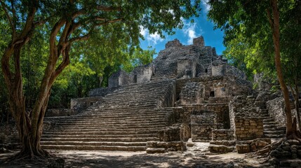 Naklejka premium Costa Maya Jungle Ruins: Explore the Mystical Mayan Pyramids and Stages in Caribbean