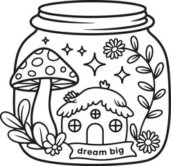 Fairy Cottage in Magic Jar with Mushrooms – Coloring Page