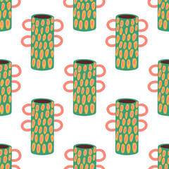 Abstract pottery seamless pattern. Ceramic vases, clay bowls and glass pots bg. Minimal boho shapes, freeform elements, simple jug and jar silhouettes. Modern earthy tones hand drawn icon background