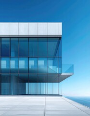 Minimalist modern building with glass facade, blue sky, clean lines, architecture