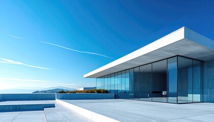 Minimalist modern building with glass facade, blue sky, clean lines, architecture