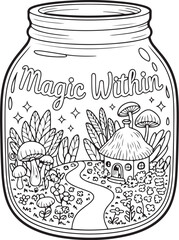 Fairy Cottage in Magic Jar with Mushrooms – Coloring Page