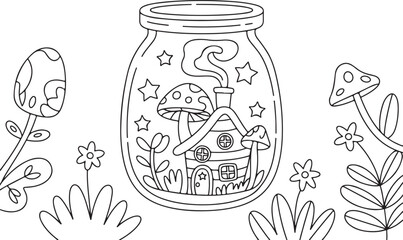 Fairy Cottage in Magic Jar with Mushrooms – Coloring Page