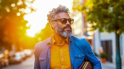 Stylish bearded man with curly grey hair and sunglasses walks confidently on sunny urban street during golden hour, carrying briefcase