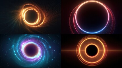 A four-panel display features dynamic, digitally rendered depictions of celestial objects with glowing rings