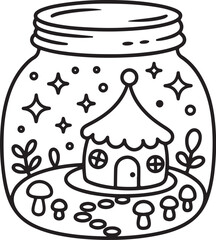 Dream Jar with Cottage and Mushroom – Fantasy Line Art