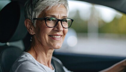 Happy senior woman smiles in car. Elderly female with glasses enjoys road trip, travels in vehicle. Retirement