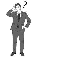 疑問に悩むサラリーマン男性のイラスト 全身正面 モノクロ