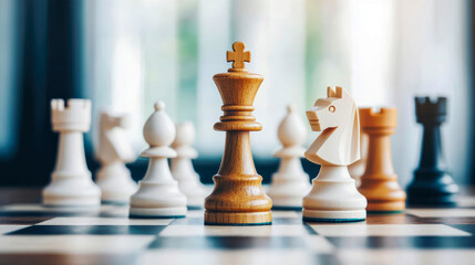 Strategic chess setup with prominent brown wooden King piece at forefront, surrounded by white and dark pieces on classic checkered board, reflecting intellectual challenge and tactical thinking