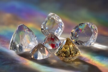 Close up of clear and faceted crystals with rainbow reflections