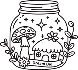 Dream Jar with Cottage and Mushroom – Fantasy Line Art
