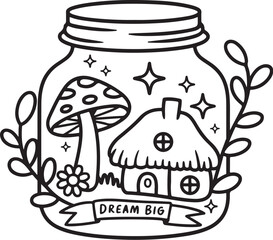 Dream Jar with Cottage and Mushroom – Fantasy Line Art