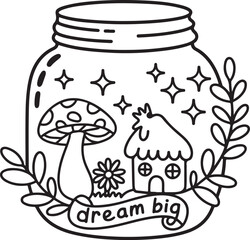 Dream Jar with Cottage and Mushroom – Fantasy Line Art