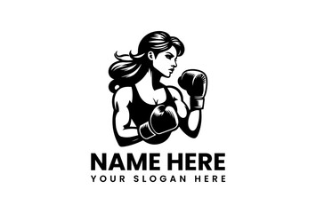 Muscular Female Boxer with Gloves in Striking Pose Black and White Silhouette.