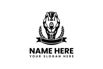 Muscular Figure Holding Trophy Above Ribbon and Laurel Wreath in Black and White.