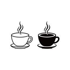 Hot Coffee Cup Icon Set: Line and Solid Black Styles for Cafe, Beverage, and Morning Drink