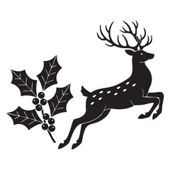  Black Silhouette Leaping Christmas Reindeer with Holly Branch - Festive Winter Holiday Illustration